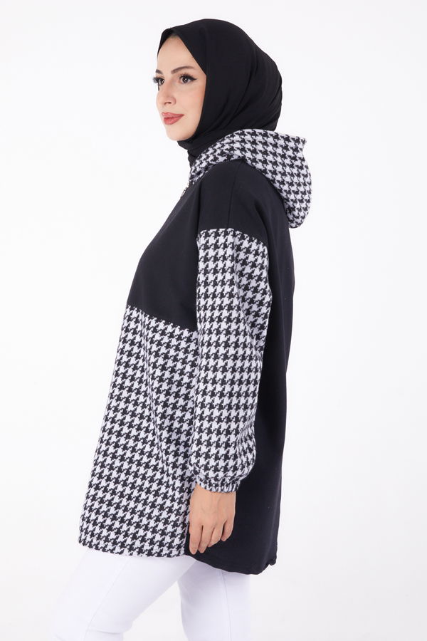 Düz Kapşonlu Yaka Kadın Gri Fermuarlı Garnili sweatshirt - 13314