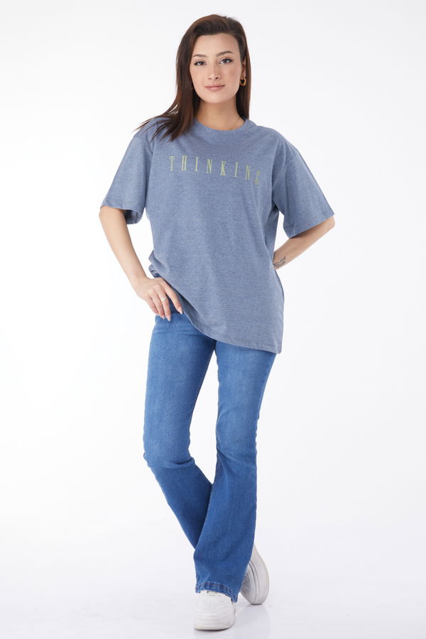 Kısa Kollu Baskılı T-shirt Mavi - 24634