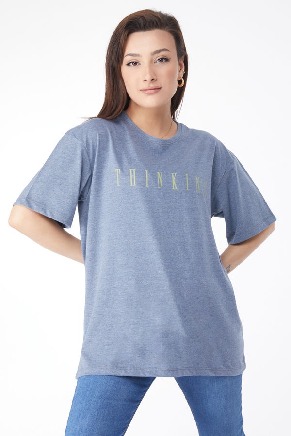 Kısa Kollu Baskılı T-shirt Mavi - 24634