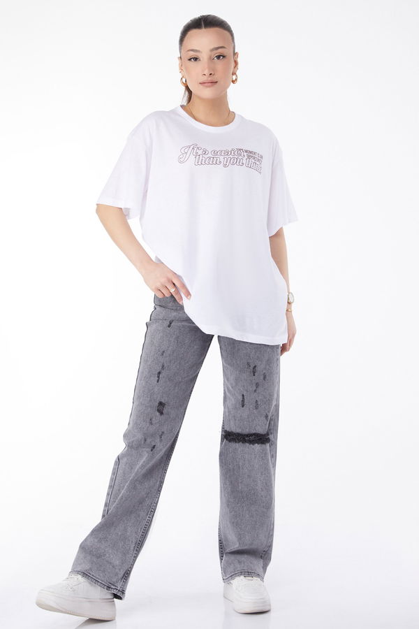 Kısa Kollu Baskılı T-shirt Beyaz - 24639