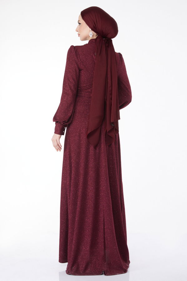 Simli Yaka Taş Detaylı Abiye Elbise Bordo - 24594 BORDO