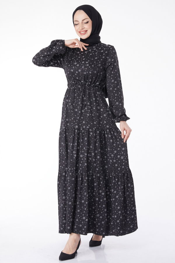 Beli Bağcıklı Desenli Elbise Siyah - 24859