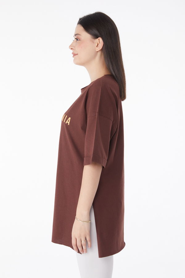 Kısa Kollu Baskılı T-shirt Kahverengi - 25137 KAHVERENGİ