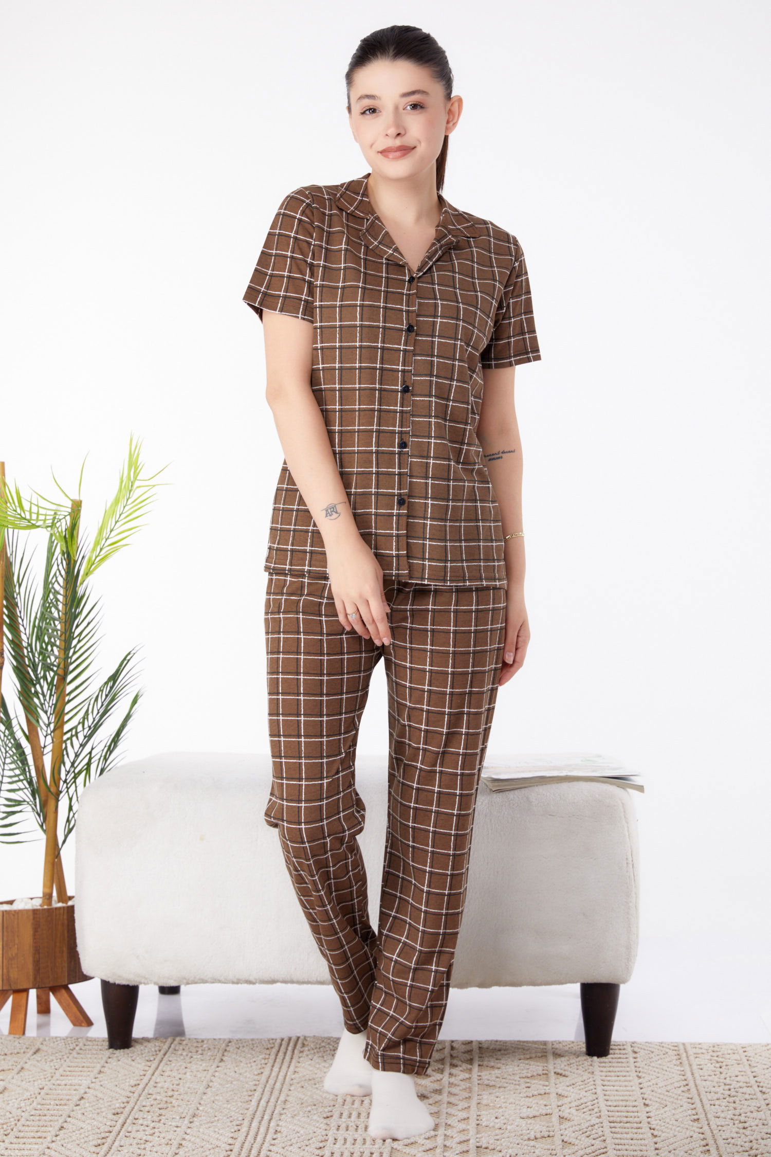 Kısa Kollu Pijama Takımı Kahverengi - 25357