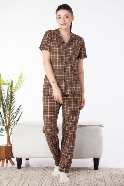Kısa Kollu Pijama Takımı Kahverengi - 25357