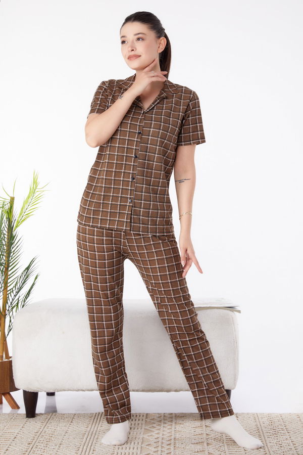 Kısa Kollu Pijama Takımı Kahverengi - 25357