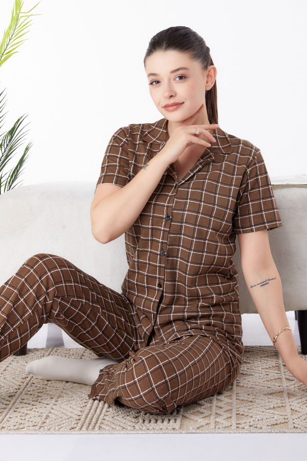 Kısa Kollu Pijama Takımı Kahverengi - 25357