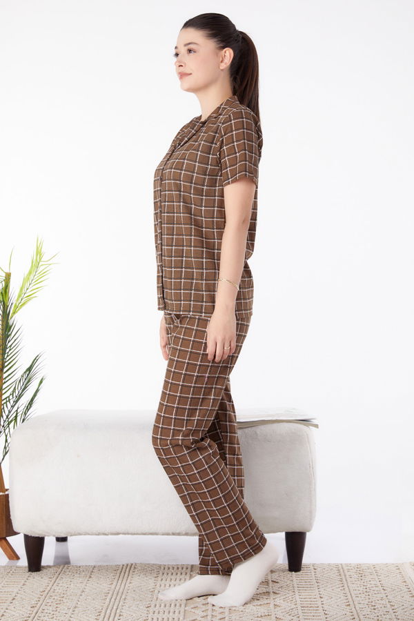 Kısa Kollu Pijama Takımı Kahverengi - 25357