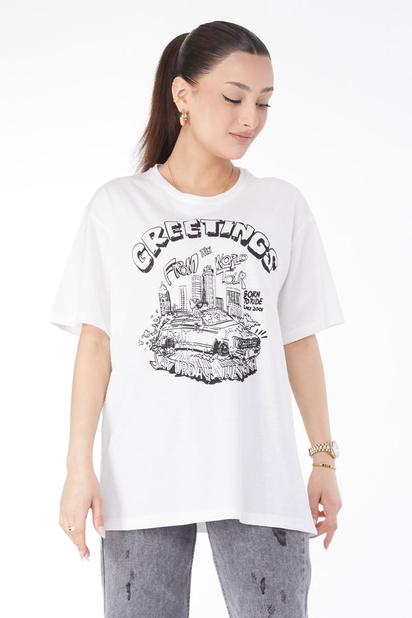 Kısa Kollu Baskılı T-shirt Beyaz - 24641