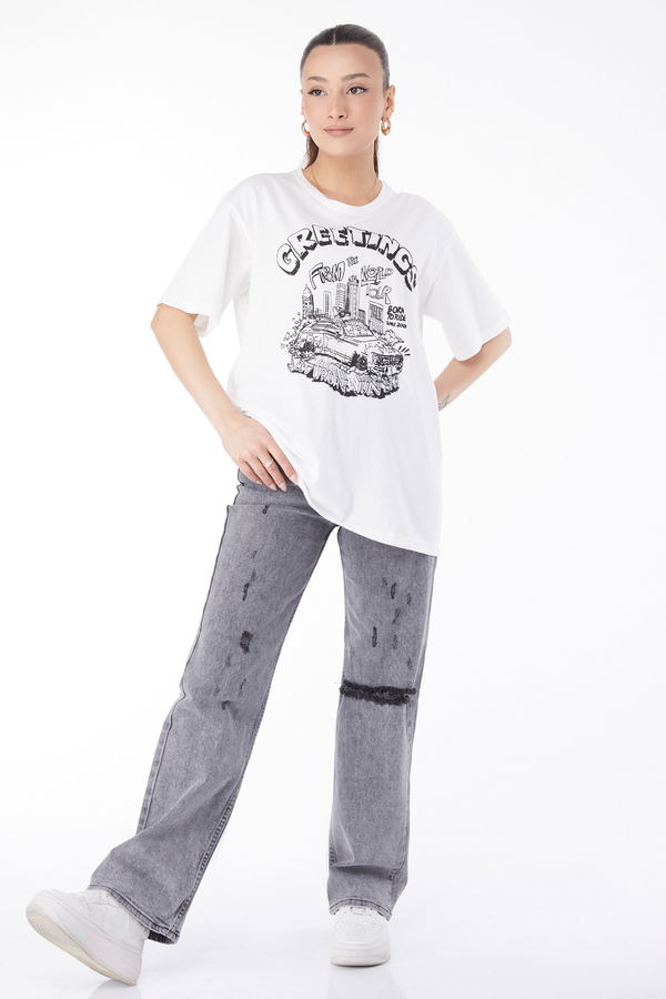 Kısa Kollu Baskılı T-shirt Beyaz - 24641