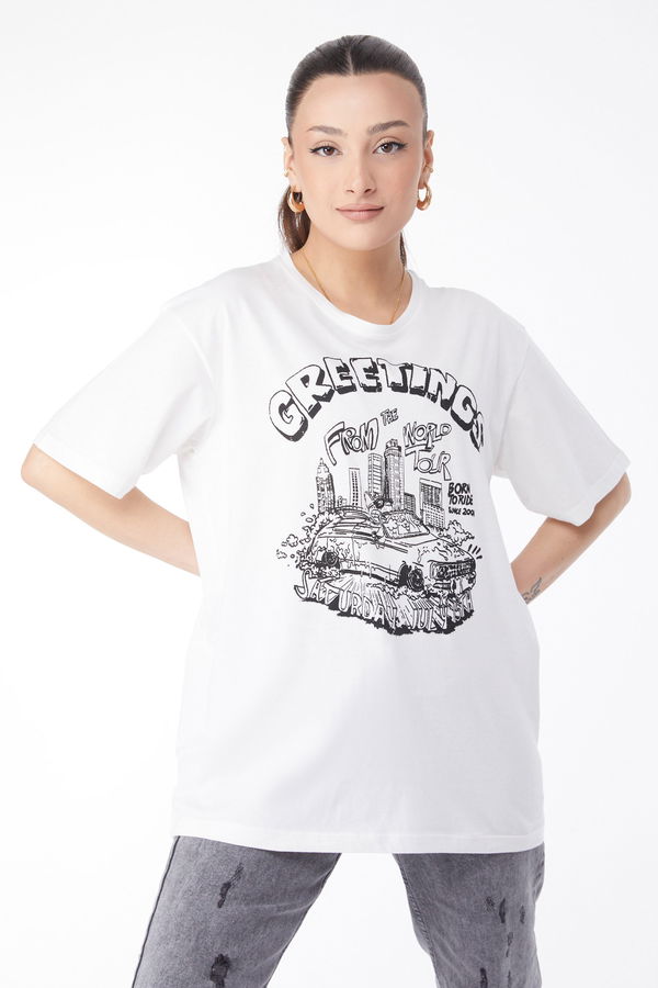 Kısa Kollu Baskılı T-shirt Beyaz - 24641