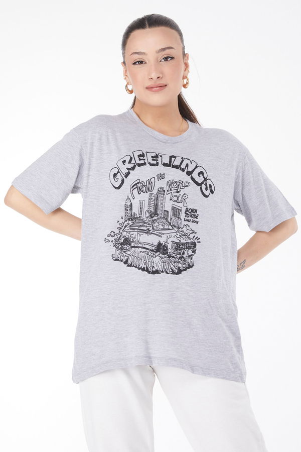 Kısa Kollu Baskılı T-shirt Gri - 24641 GRİ