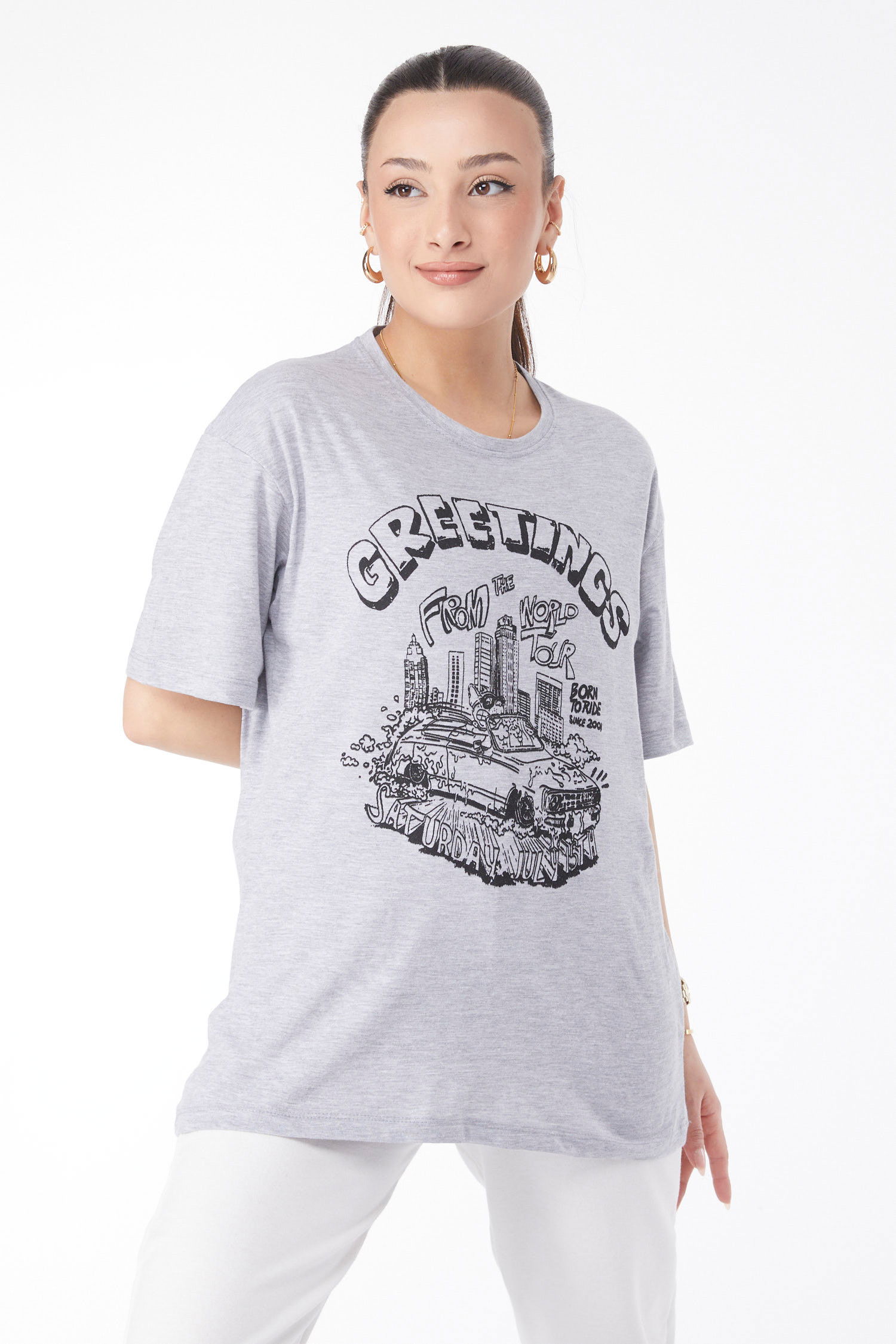 Kısa Kollu Baskılı T-shirt Gri - 24641 GRİ