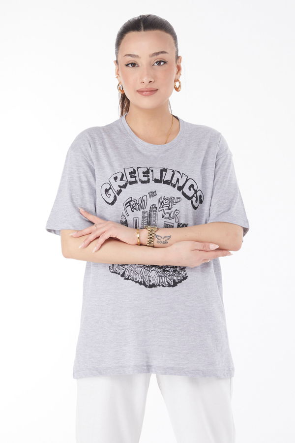 Kısa Kollu Baskılı T-shirt Gri - 24641 GRİ