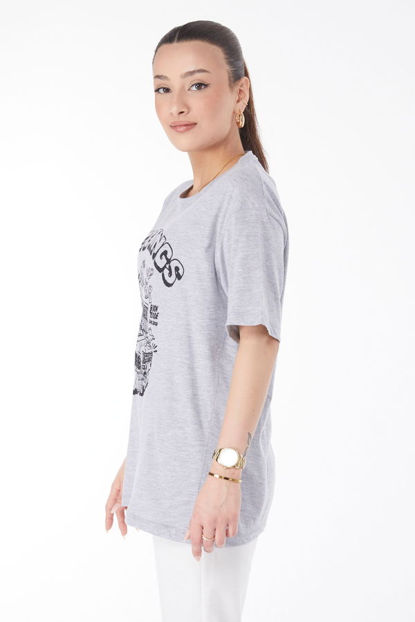 Kısa Kollu Baskılı T-shirt Gri - 24641 GRİ