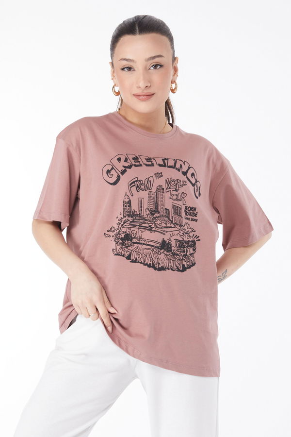 Kısa Kollu Baskılı T-shirt Pembe - 24641 PEMBE
