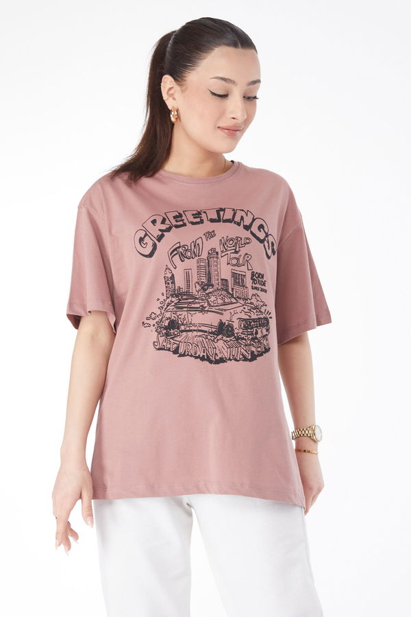 Kısa Kollu Baskılı T-shirt Pembe - 24641 PEMBE