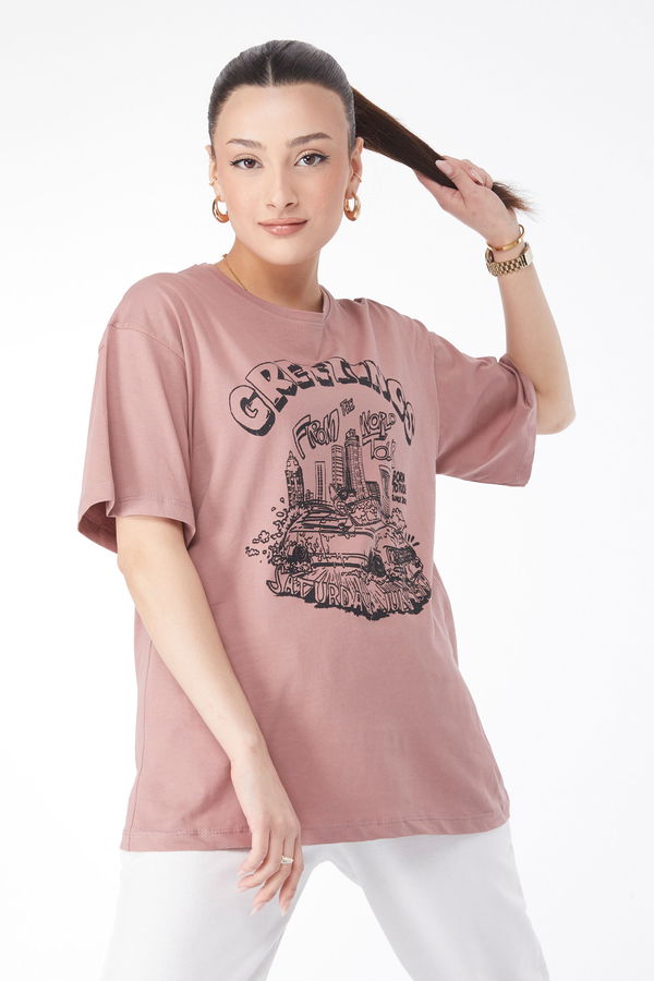 Kısa Kollu Baskılı T-shirt Pembe - 24641 PEMBE