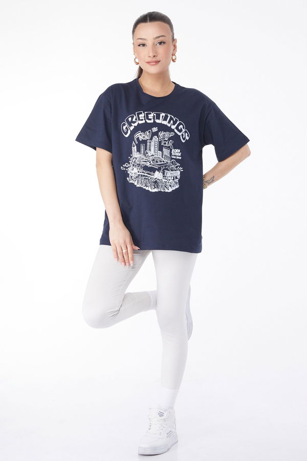 Kısa Kollu Baskılı T-shirt Lacivert - 24641