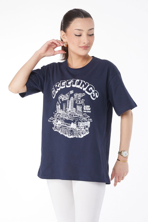 Kısa Kollu Baskılı T-shirt Lacivert - 24641