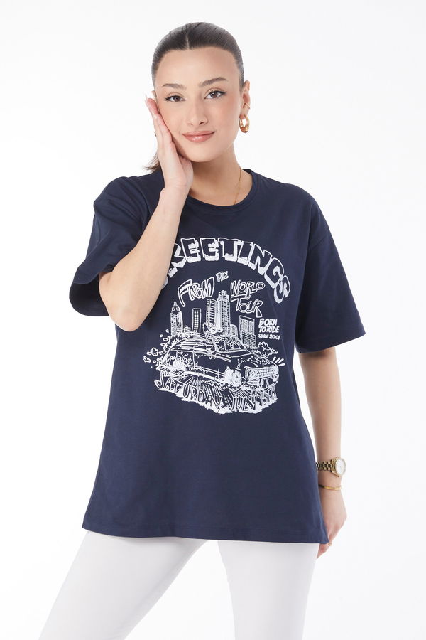 Kısa Kollu Baskılı T-shirt Lacivert - 24641