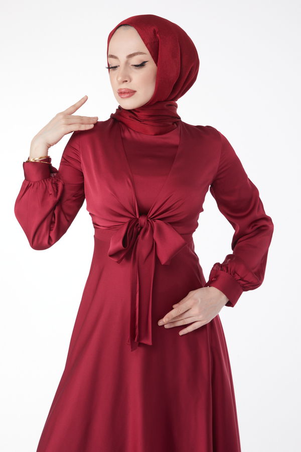 Önden Bağlamalı Abiye Elbise Bordo - 25342