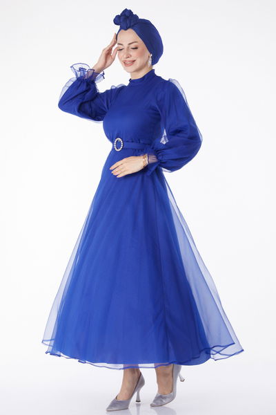 Kemerli Abiye Elbise Mavi - 25130