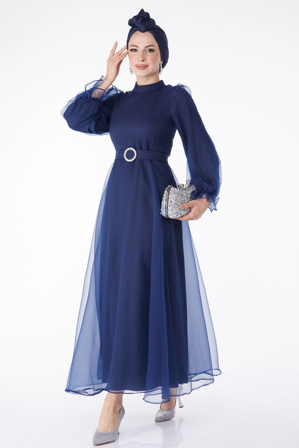 Kemerli Abiye Elbise Lacivert - 25130 LACİVERT