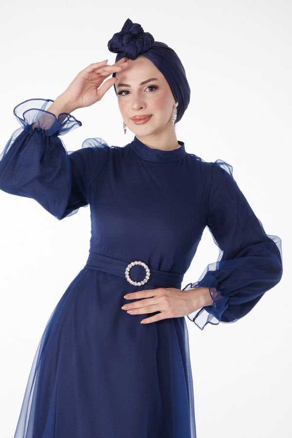 Kemerli Abiye Elbise Lacivert - 25130 LACİVERT