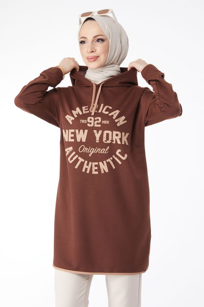 Önü Baskılı Sweatshirt Kahverengi - 13130