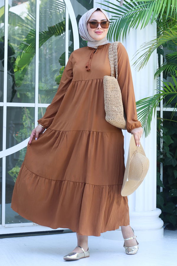Büzgülü Bağcık Detaylı Elbise Taba - 13145 TABA