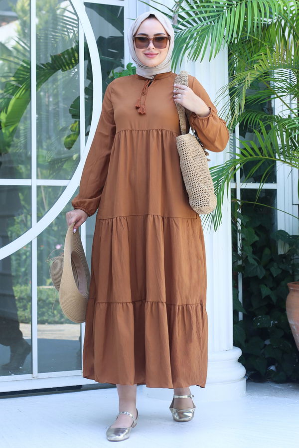 Büzgülü Bağcık Detaylı Elbise Taba - 13145 TABA
