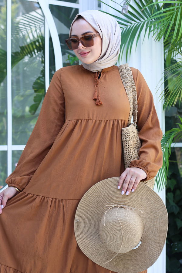 Büzgülü Bağcık Detaylı Elbise Taba - 13145 TABA