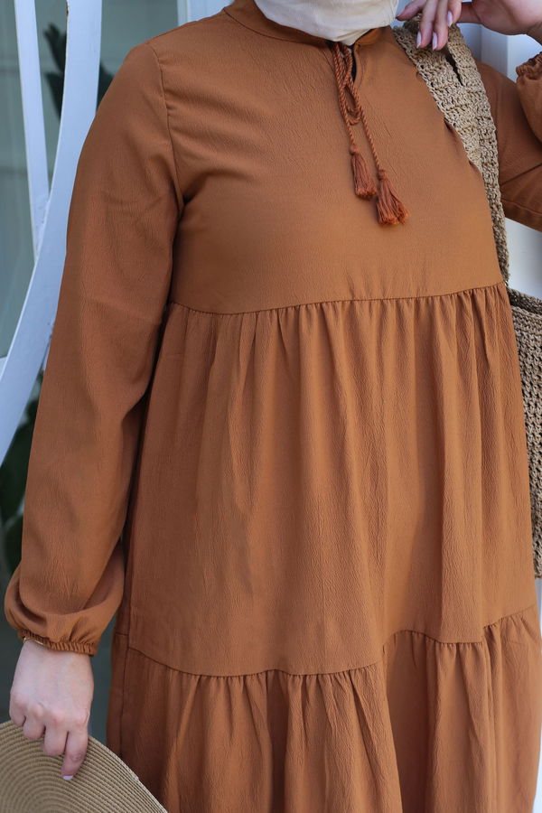 Büzgülü Bağcık Detaylı Elbise Taba - 13145 TABA