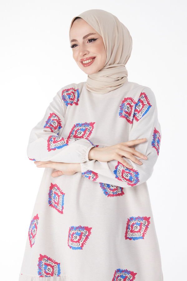 Desenli Elbise Fuşya - 13151 FUŞYA