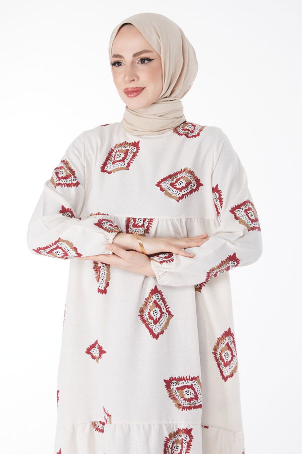 Desenli Elbise Bordo - 13151