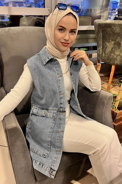 Düz Orta Kadın Mavi Cepli Kot Yelek - 26607