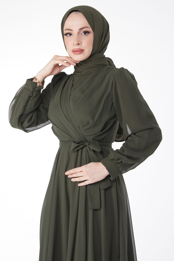 Kruvaze Yaka Kuşaklı Abiye Elbise Haki - 23864 HAKİ