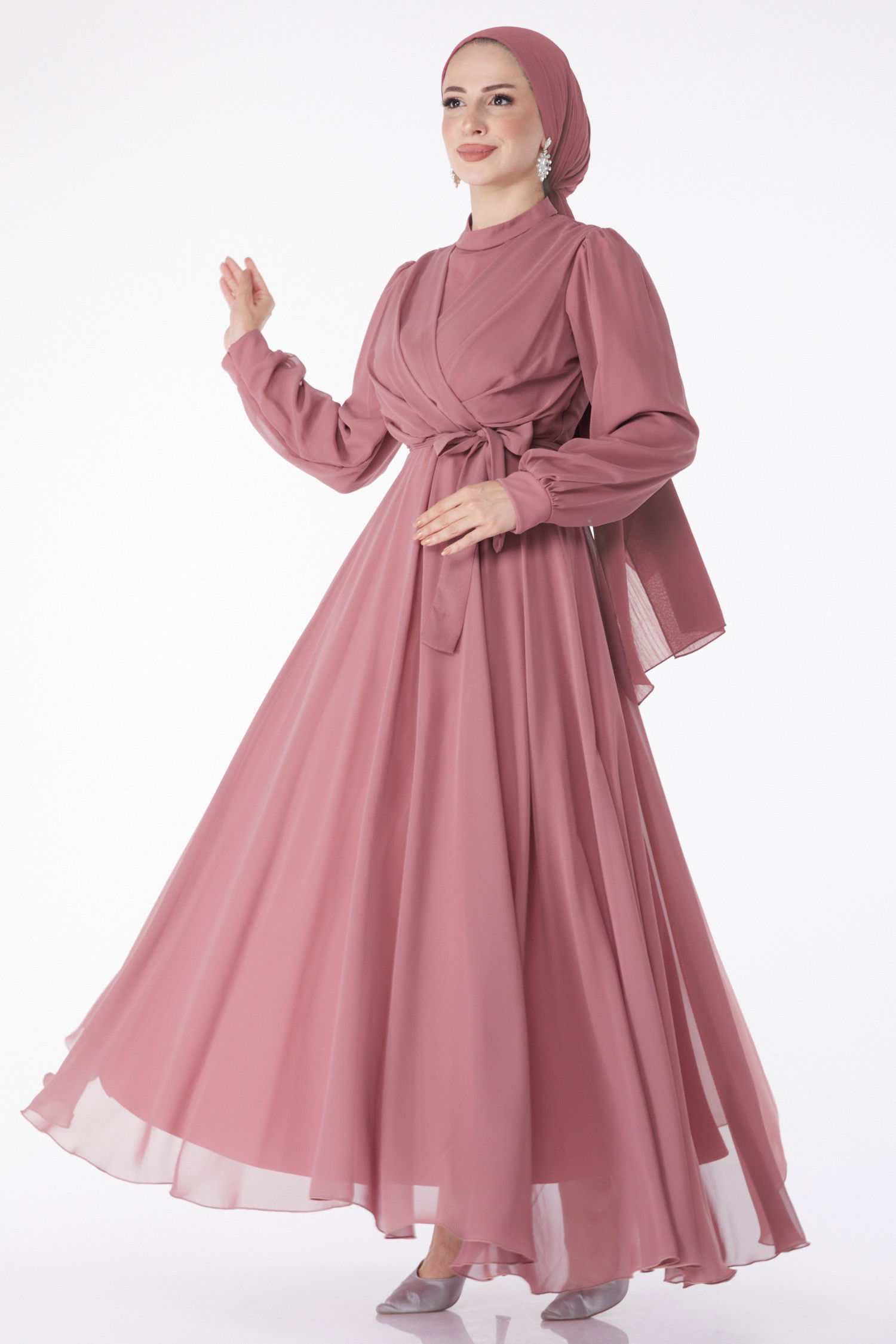 Kruvaze Yaka Kuşaklı Abiye Elbise Pembe - 23864