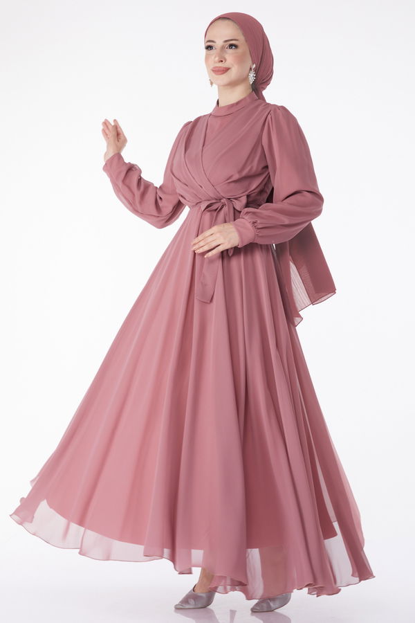 Kruvaze Yaka Kuşaklı Abiye Elbise Pembe - 23864
