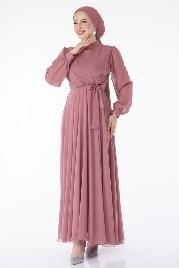 Kruvaze Yaka Kuşaklı Abiye Elbise Pembe - 23864