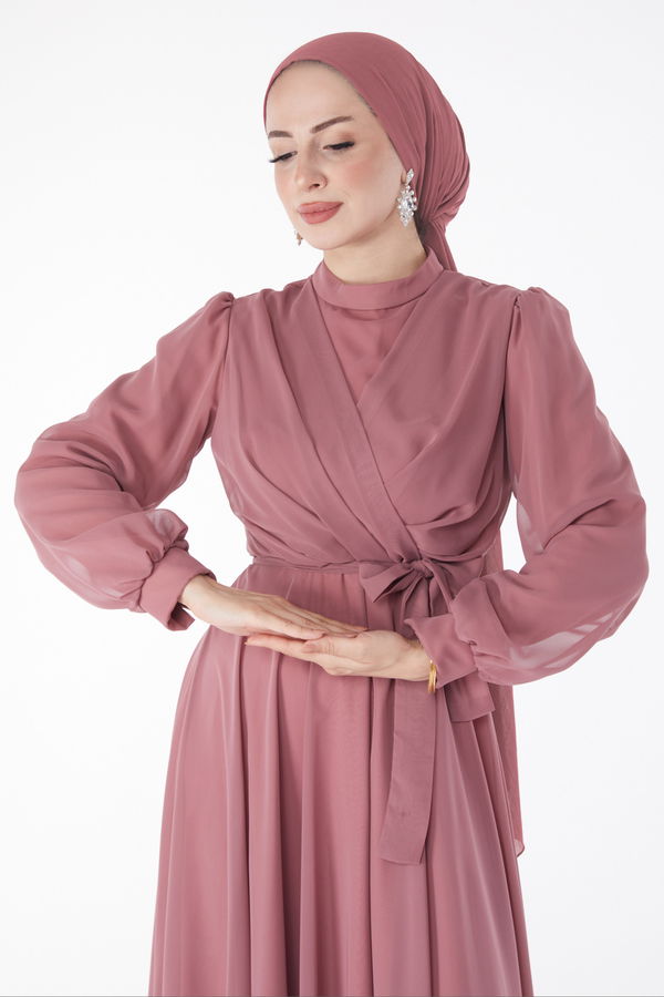 Kruvaze Yaka Kuşaklı Abiye Elbise Pembe - 23864