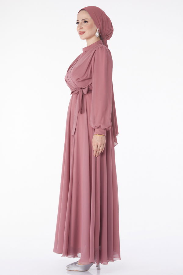 Kruvaze Yaka Kuşaklı Abiye Elbise Pembe - 23864