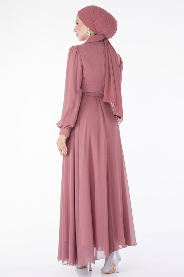 Kruvaze Yaka Kuşaklı Abiye Elbise Pembe - 23864