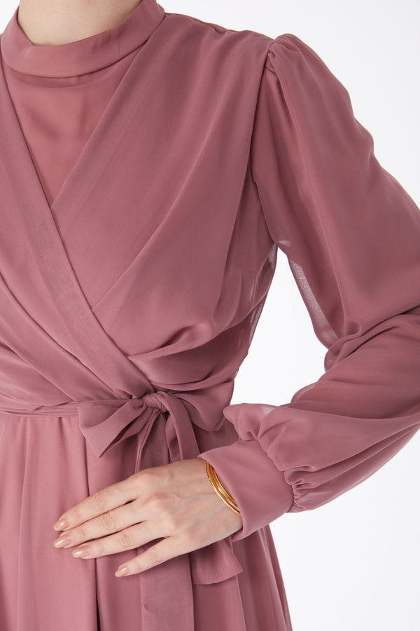 Kruvaze Yaka Kuşaklı Abiye Elbise Pembe - 23864
