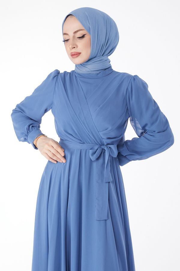 Kruvaze Yaka Kuşaklı Abiye Elbise Mavi - 23864