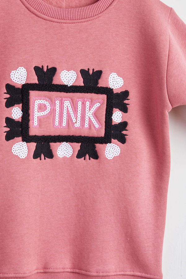 Kız Çocuk Pembe Nakışlı Sweatshirt - 24257 PEMBE