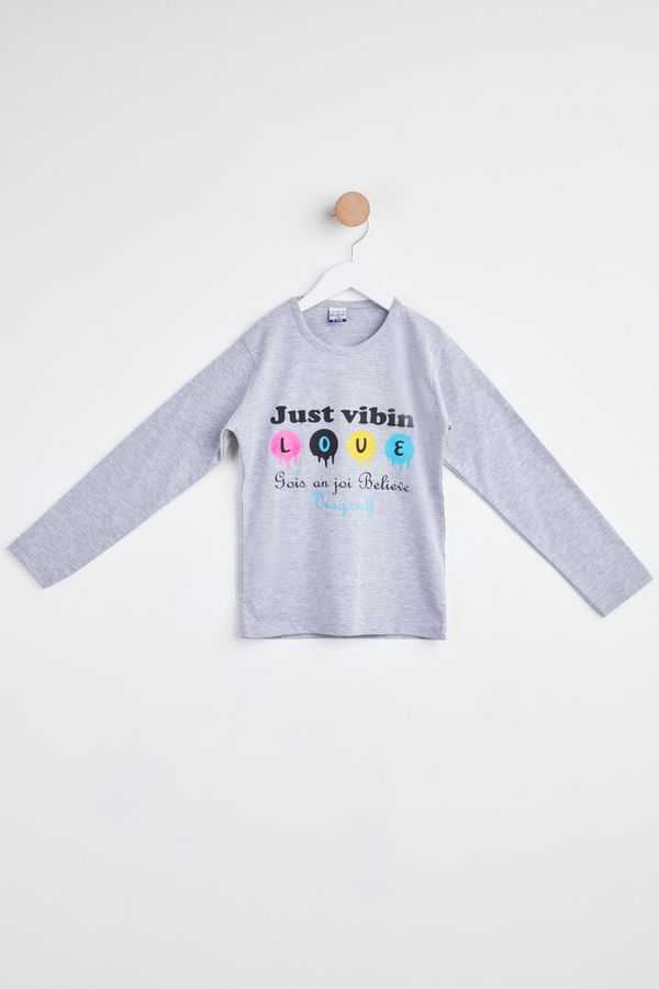 Kız Çocuk Gri Uzun Kol Baskılı sweatshirt - 24268 GRİ