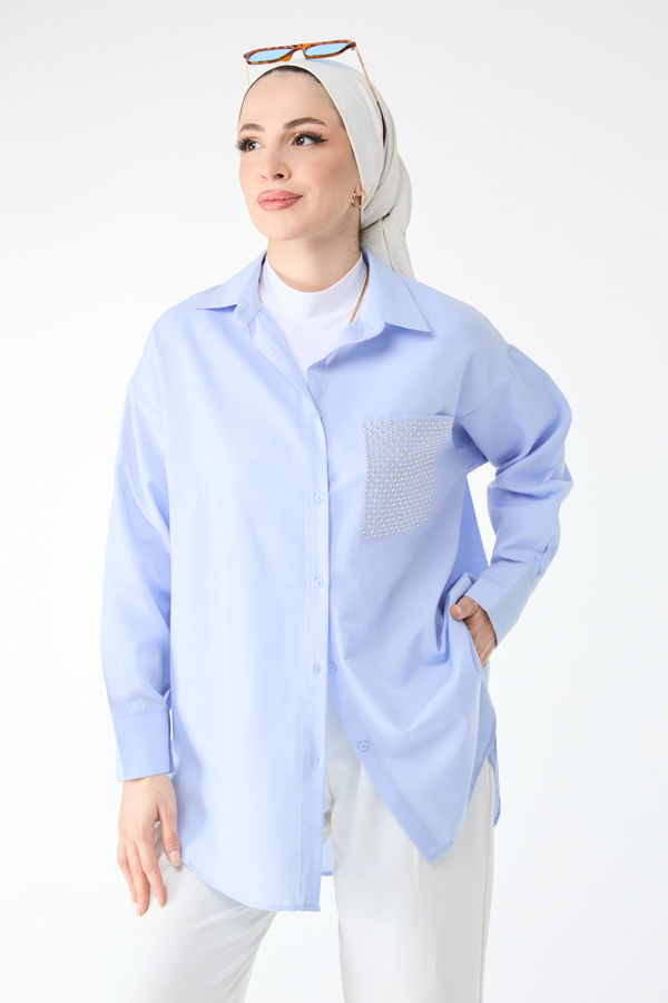 Taş Detaylı Uzun Kollu Gömlek Mavi - 24424 MAVİ