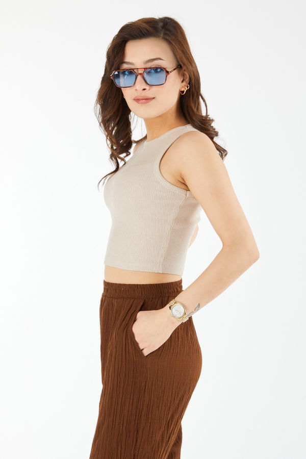 Kısa Kollu Crop Bej - 24438